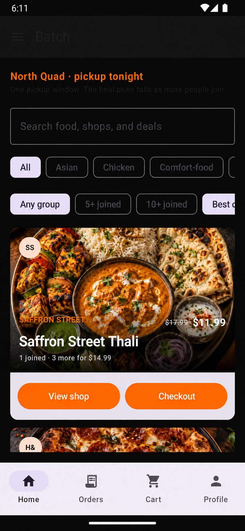 Batch home screen showing a discounted Saffron Street Thali offer